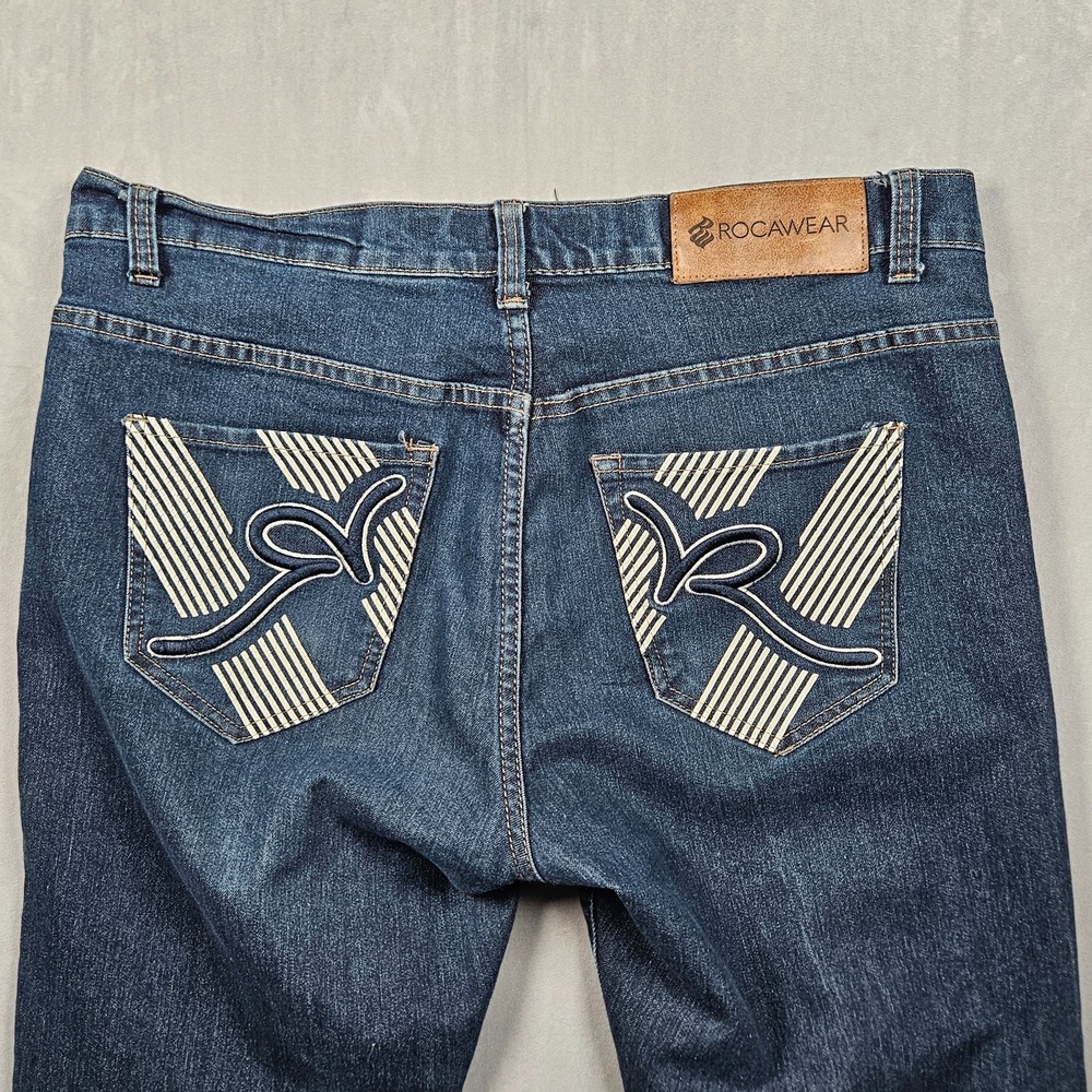 Rocawear Jeans Mens 38x28 Slim Fit Dark Wash Embroidered Pocket Streetwear Logo - Picture 5 of 12